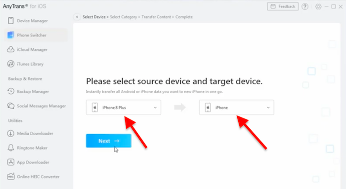 select device to transfer contacts