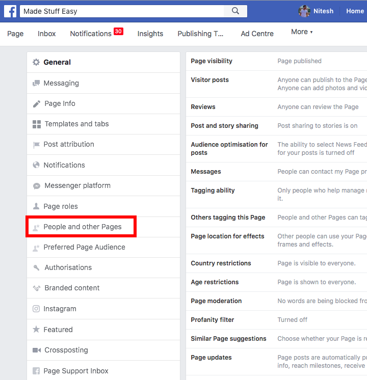 facebook page settings