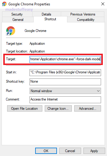 google chrome properties