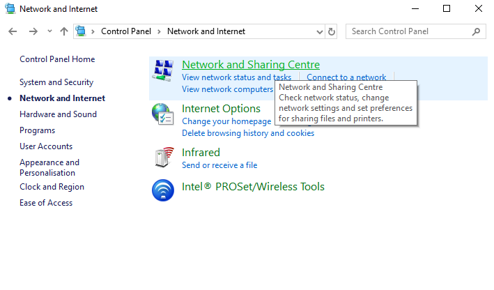 network and sharing center