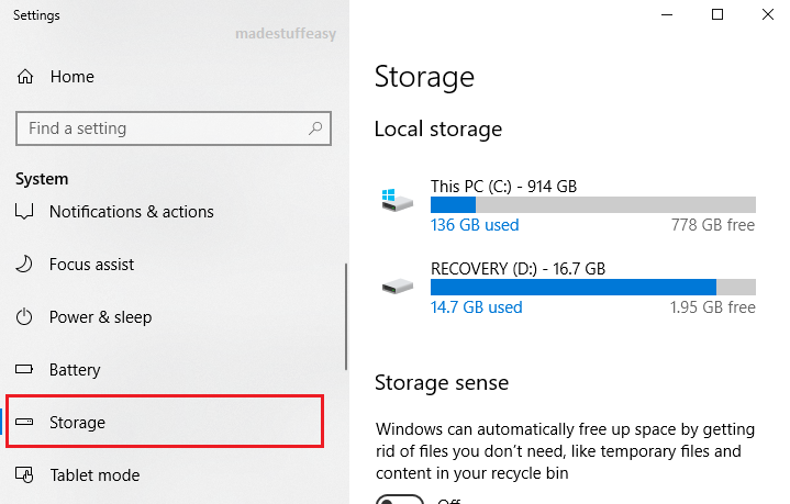 storage settings