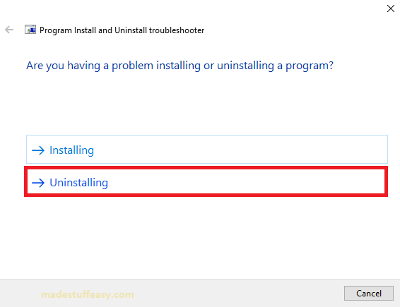 uninstall troubleshooter