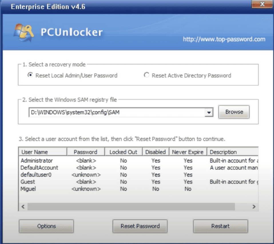 pcunlocker reset password