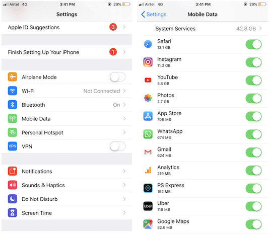 settings mobile data