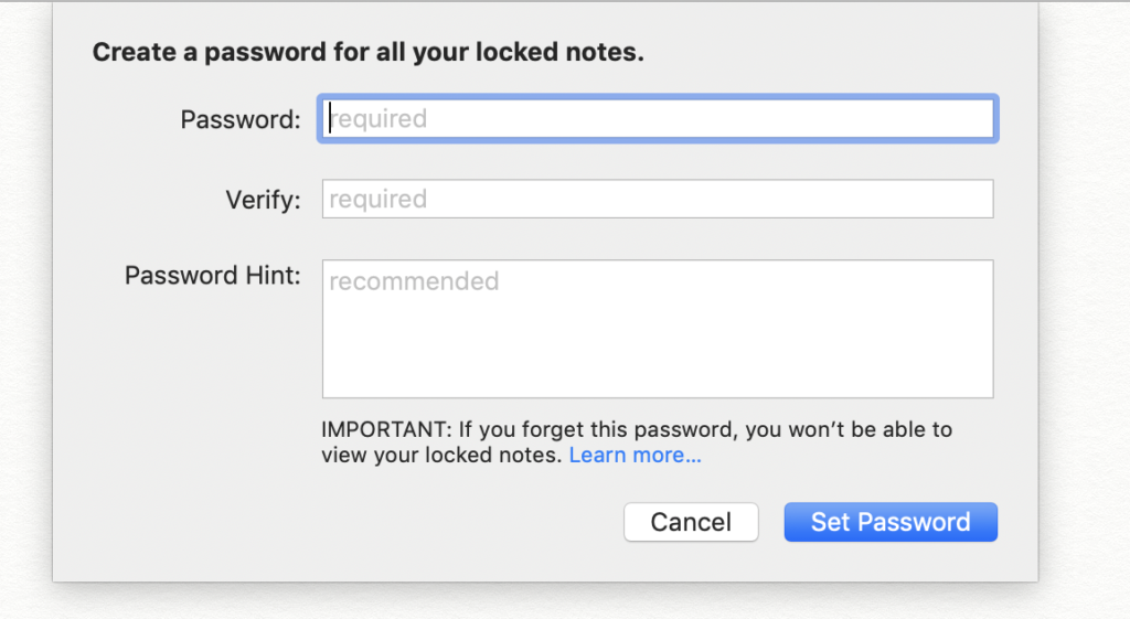 create password for notes