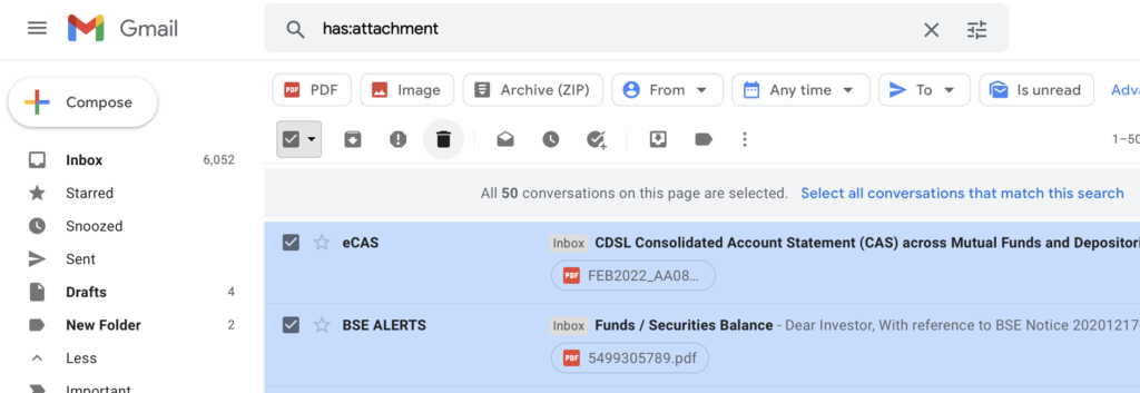 delete emails with attachments