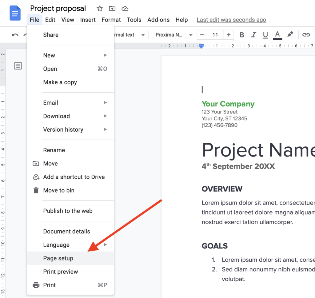 google docs page setup