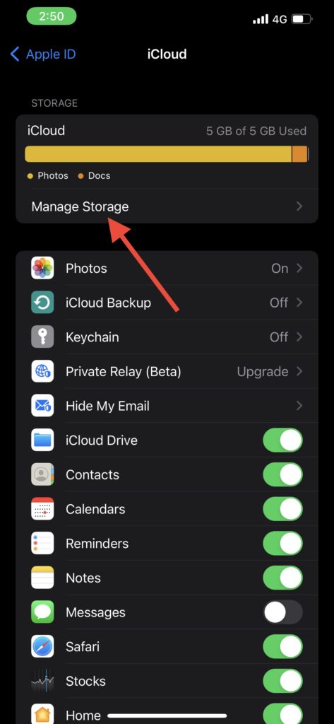 manage storage ios