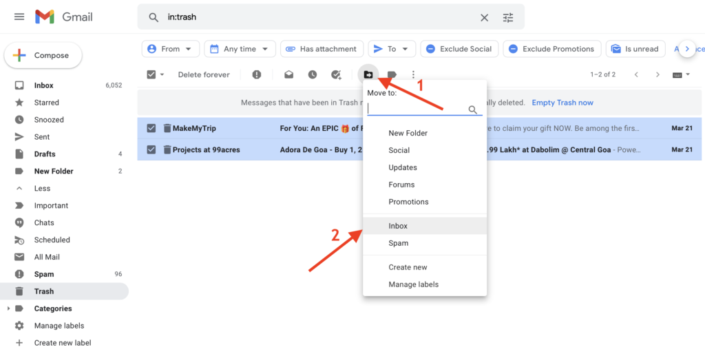 trash to inbox