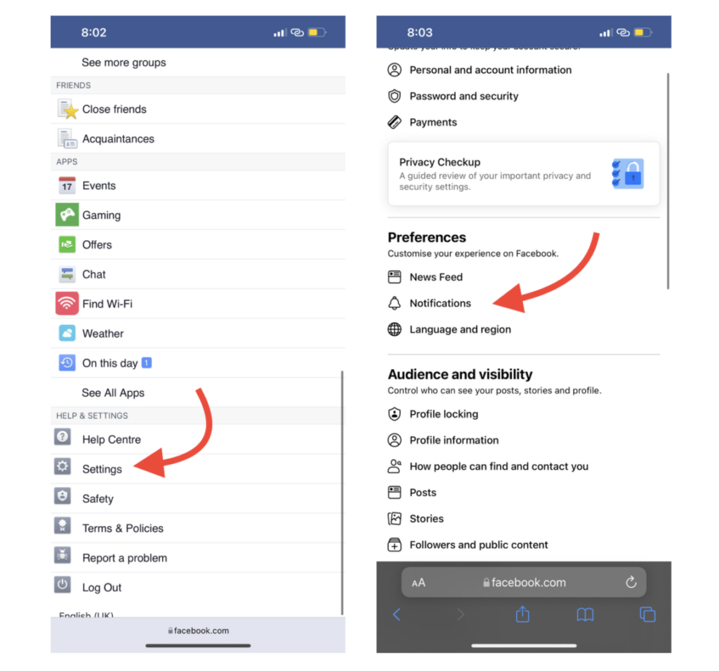 facebook settings on phone